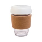 A reusable coffee cup featuring a cork band and a white lid, made of clear glass.