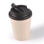 A drink cup with a beige body and a black comfort lid, designed for reusable beverage use.