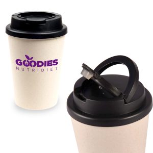 A reusable coffee cup in a cream colour with a black lid and handle. It features a logo.