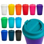 A collection of reusable coffee cups in various colors, featuring a comfort lid and a logo on some cups.