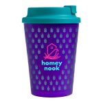 A reusable purple coffee cup with a teal lid and a logo, featuring a patterned design.