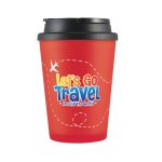 A red coffee cup with a black handle lid and a colorful logo featuring travel-themed graphics.