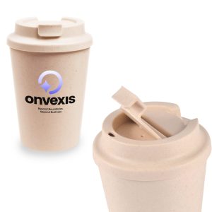 A reusable coffee cup in a light beige colour, featuring a comfort lid and a branding logo.