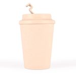 A reusable coffee cup in a light beige color with a matching eco-friendly lid featuring a curved handle.