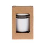 A reusable coffee cup in a white color with a silicone lid, packaged in a brown cardboard box.
