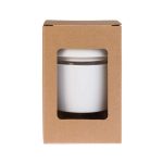 A reusable coffee cup with a flip lid is presented in a brown cardboard box, featuring a clear window for visibility.