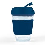 A reusable coffee cup with a transparent body, a navy blue silicone sleeve, and a flip lid.