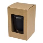 A reusable coffee cup in black, packaged in a brown cardboard box with a clear window. It includes a snap lid.