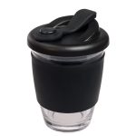 A reusable coffee cup with a black snap lid and a silicone sleeve for grip. The cup features a clear glass body.