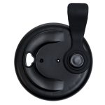 A black snap lid for a coffee cup with a secure closure and a lever for easy opening.