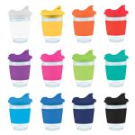 A collection of reusable coffee cups in various colors, each with a snap lid and a clear base.