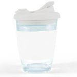 A reusable coffee cup with a clear body and a white snap lid. The cup features a blank white sleeve for customization.