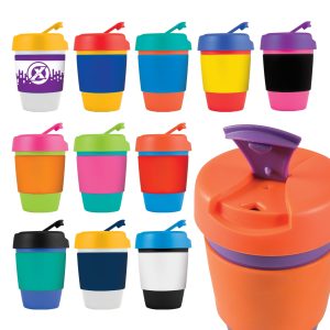 A collection of reusable coffee cups in various vibrant colours, each with a silicone band and a lid with a spout.