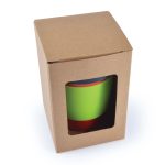 A reusable coffee cup with a silicone band, presented in a kraft packaging box with a clear window for visibility.