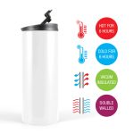 A drink bottle featuring a sleek white design, with a black lid and vacuum insulation for maintaining temperature.