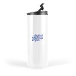 A travel mug in white with a black lid, featuring a logo on the front.