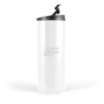 A travel mug in white with a black lid and a logo on the surface.