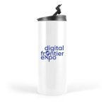 A travel mug in white with a black lid and a logo on the front.