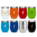 A set of reusable coffee cups in various colors: orange, red, green, blue, navy, black, stainless steel, and white, each with a logo.