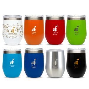 A set of reusable coffee cups in various colors: orange, red, green, blue, navy, black, stainless steel, and white, each with a logo.