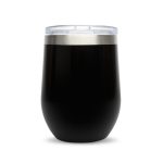 A reusable coffee cup in a sleek black finish with a clear lid and silver band.