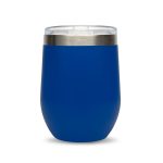 A reusable coffee cup in a vibrant blue finish with a stainless steel rim and a clear lid.