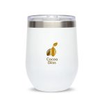 A reusable coffee cup in white with a silver lid, featuring the logo "Cocoa Bliss."