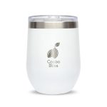 A reusable white coffee cup with a stainless steel lid and a logo on the front.