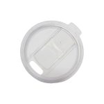 A coffee cup lid, clear and designed to fit a reusable coffee cup, featuring a sliding opening for sipping.