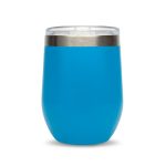 A reusable coffee cup in a vibrant blue color with a stainless steel band around the top and a clear lid.