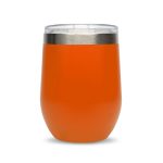 A reusable coffee cup with an orange exterior and a stainless steel band around the top, featuring a clear lid.