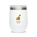 A reusable coffee cup featuring a sleek white design with a stainless steel lid and a logo that reads "Cocoa Bliss."