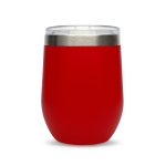 A reusable coffee cup in a vibrant red color with a stainless steel rim and a clear lid.
