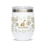 A reusable coffee cup in white with a silver lid, featuring a logo and chocolate-themed illustrations.