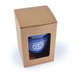 A drink cup with a blue silicone band, packaged in a brown box with a transparent window and a logo.