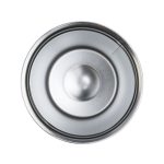 A stainless steel coffee cup with a smooth interior and circular base, reflecting light. It has a simple design.