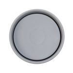 A stainless steel coffee cup in a silver color, featuring a smooth, round top with a rim. It has a logo on the side.