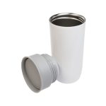 A stainless steel coffee cup with a white exterior and a gray lid, designed for reusable drinkware.