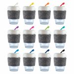 A collection of reusable coffee cups in clear with grey and colorful lids, featuring a textured band.