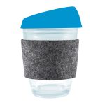 A reusable coffee cup featuring a clear body, a blue silicone lid, and a grey RPET band.