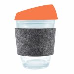 A reusable coffee cup featuring a transparent design, an orange silicone lid, and a grey RPET band for grip.