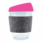 A reusable coffee cup featuring a clear body, a vibrant pink silicone lid, and a grey RPET band for grip.