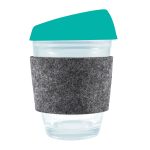 A reusable coffee cup featuring a clear body with a turquoise silicone lid and a gray RPET band for insulation.