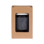 A reusable coffee cup with a silicone lid and an RPET band, presented in a cardboard box with a clear front window.