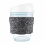 A reusable coffee cup featuring a clear body, a white silicone lid, and a gray RPET band for grip.