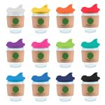 A collection of reusable coffee cups with cork bands and various colorful snap lids, featuring a logo on each cup.