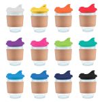 A collection of reusable coffee cups with cork bands and snap lids in various colors including white, orange, purple, and green.