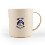 A reusable coffee cup in a cream colour, featuring a logo with an astronaut design.