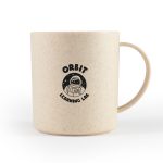 A cream-coloured reusable mug made from wheat fibre, featuring a logo with an astronaut design.