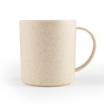 A reusable coffee mug made from wheat fiber, featuring a light beige color with subtle speckles and a handle.